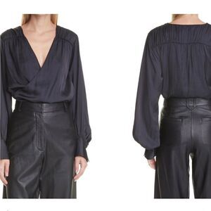 FRAME NWT Crossover V-Neck Balloon Sleeve Satin Top Blouse Black MSRP: 398.00